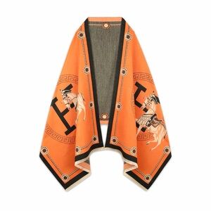 Cashmere Feel 74” Blanket Scarf | Orange Equestrian Poncho Shawl Wrap